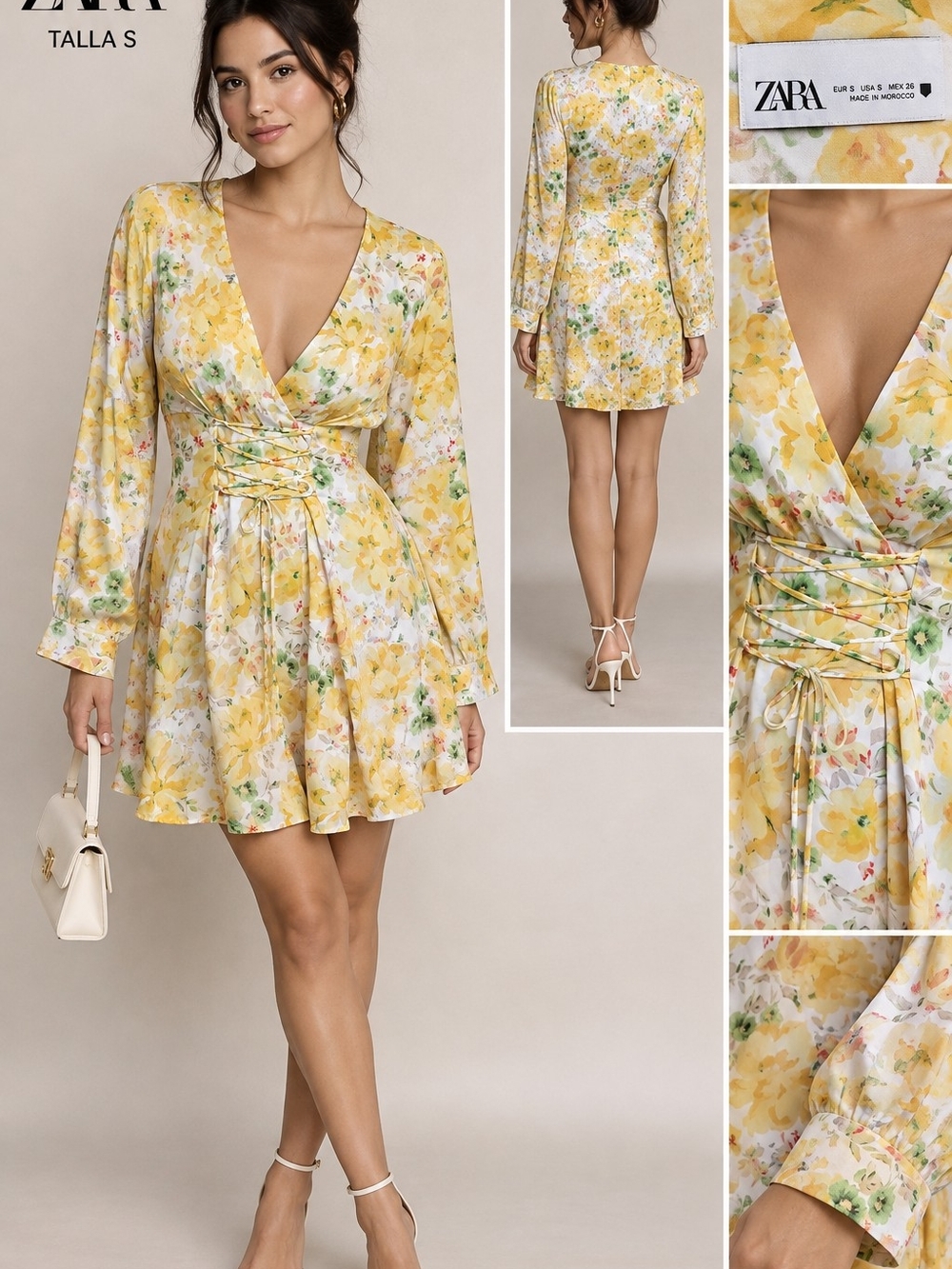 Zara Yellow Floral Lace-Up V-Neck Mini Dress